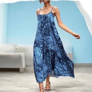 ZARA Blue Floral Print Tiered Strappy Maxi Dress Women XS